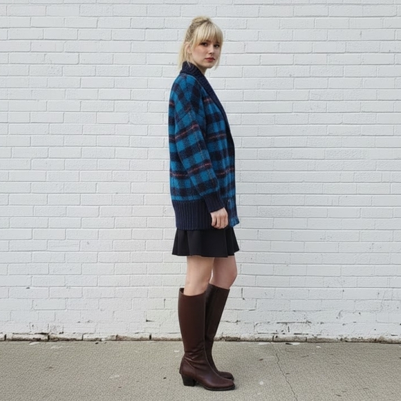 Vintage 1980s Oversized Knit Cardigan Sweater Blue Plaid Shawl Collar Preppy - Picture 3 of 10